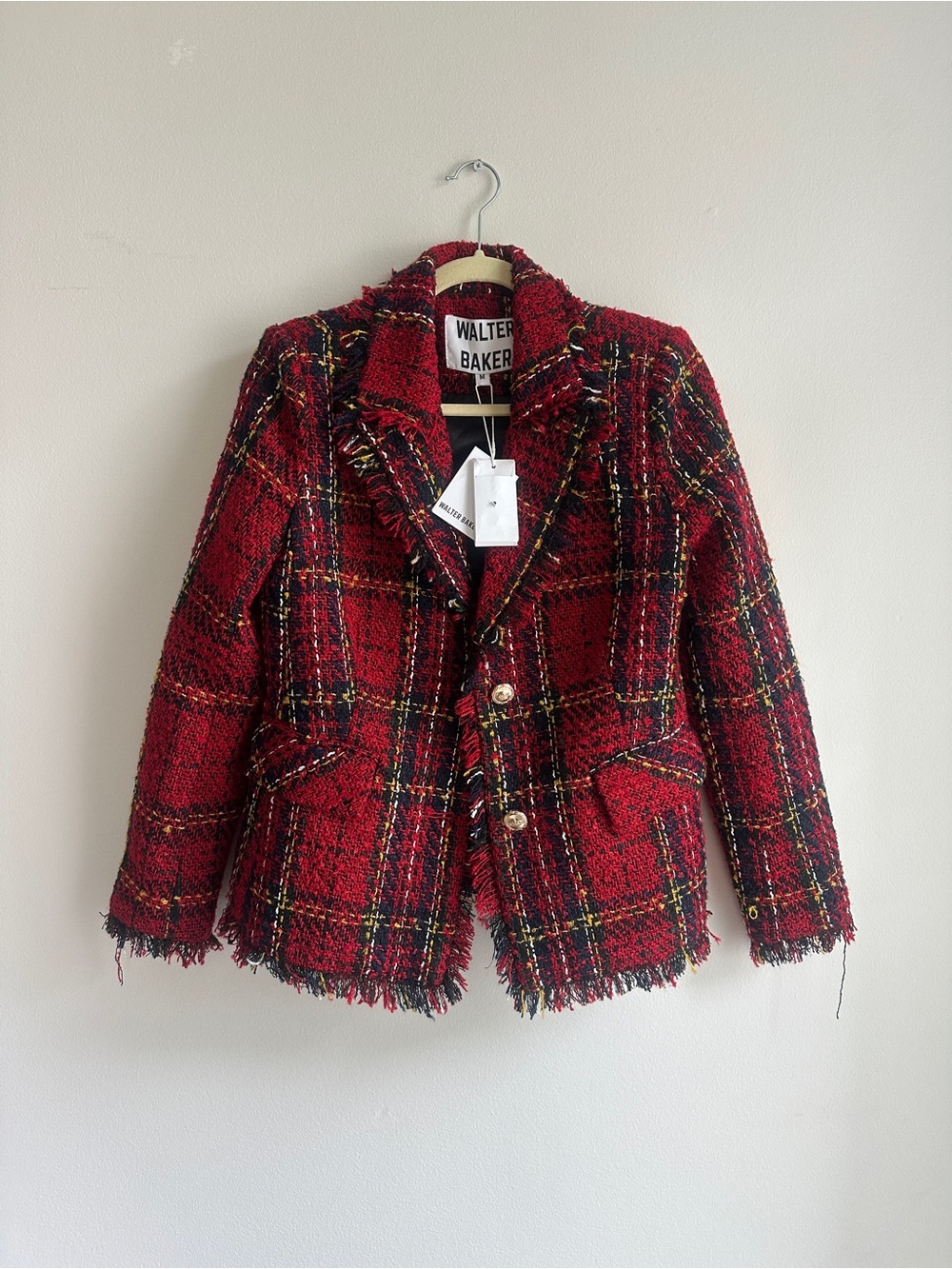 Walter Baker Red Plaid Tweed Blazer with Fringe Trim